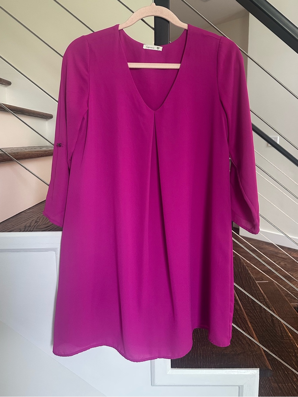 Soprano Magenta Shift Dress 
V-Neck Roll-Tab Sleeve | Size: XS
